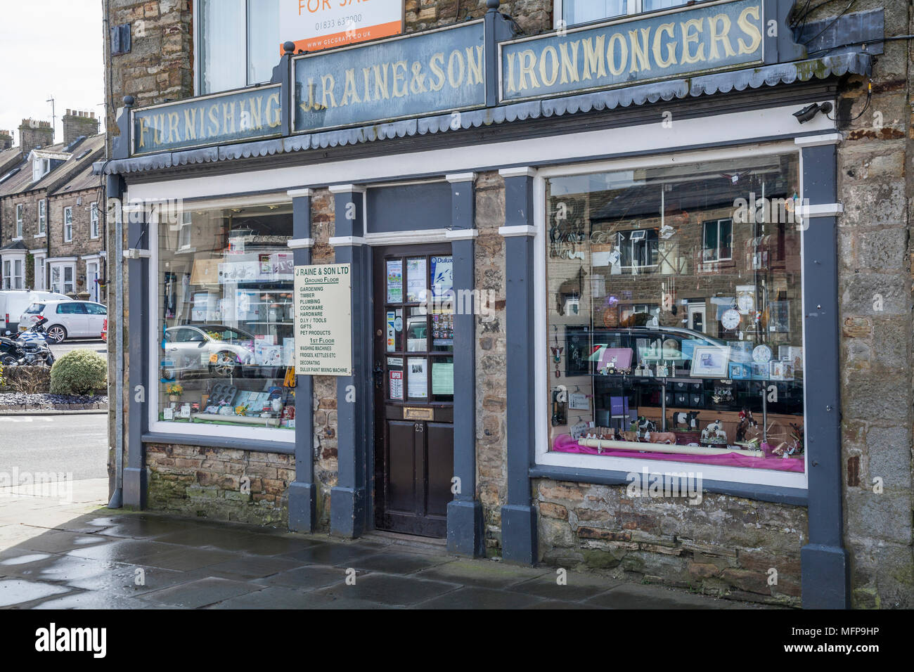 J.Raine and Son,Furnishing and Ironmongers shop in Middleton in Teesdale,England,UK Stock Photo