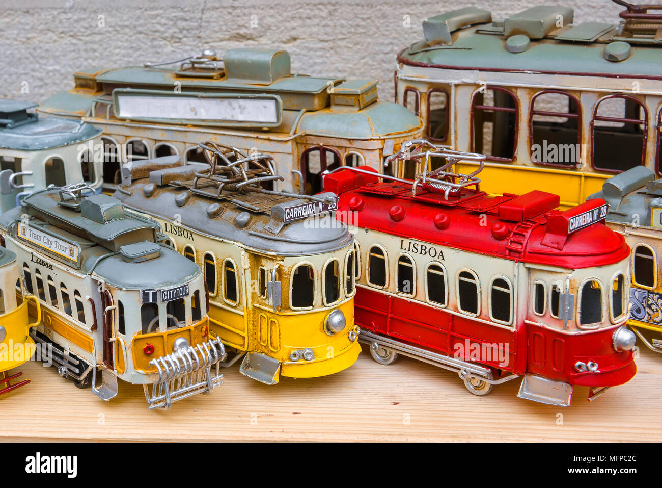 Tram Portugal, view of souvenir toy trams for sale in Lisbon, Portugal. Stock Photo