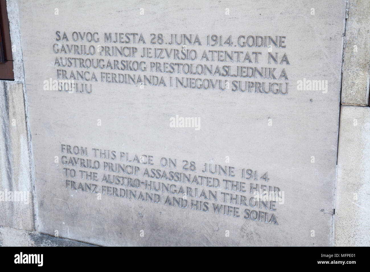 The plaque stating where Archduke Franz Ferdinand was assassinated in Sarajevo, Bosnia and Herzegovina Stock Photo