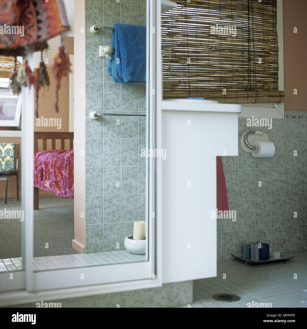 Modern bathroom detail of a mirrored shower door Stock Photo Alamy