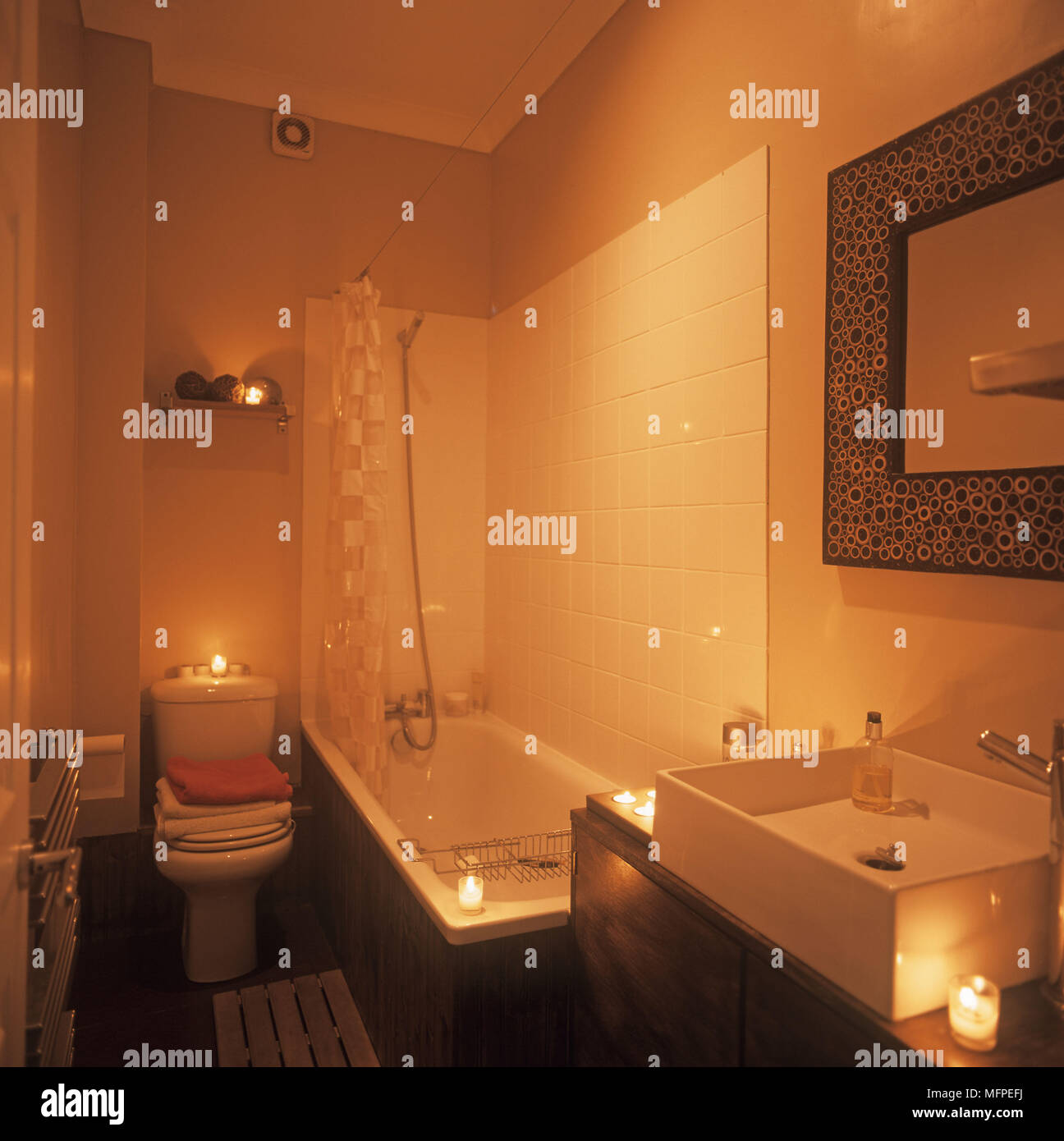 Modern bathroom shower over bath toilet candlelight Stock Photo Alamy