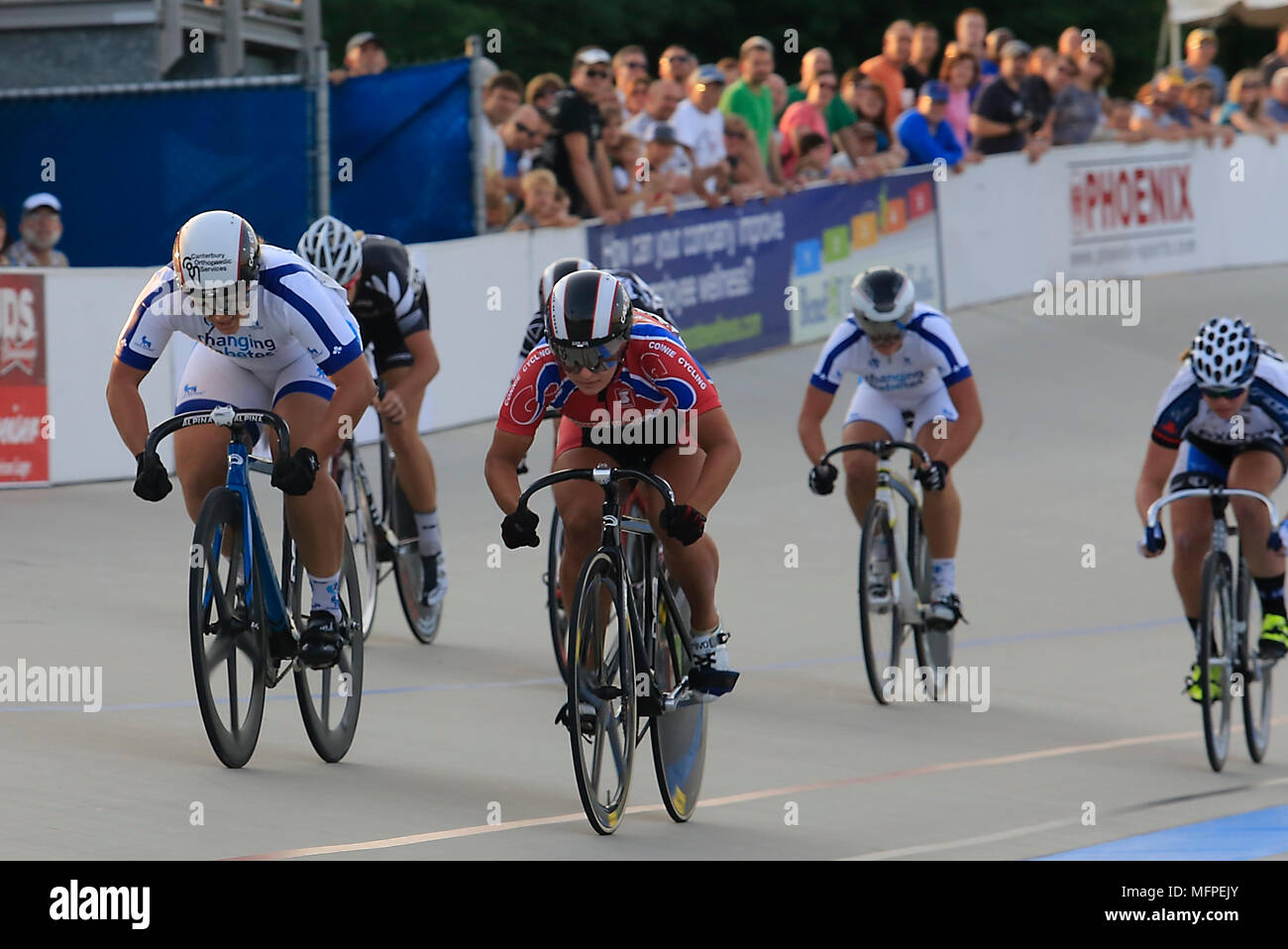 Female bicycle track racers Stock Photo