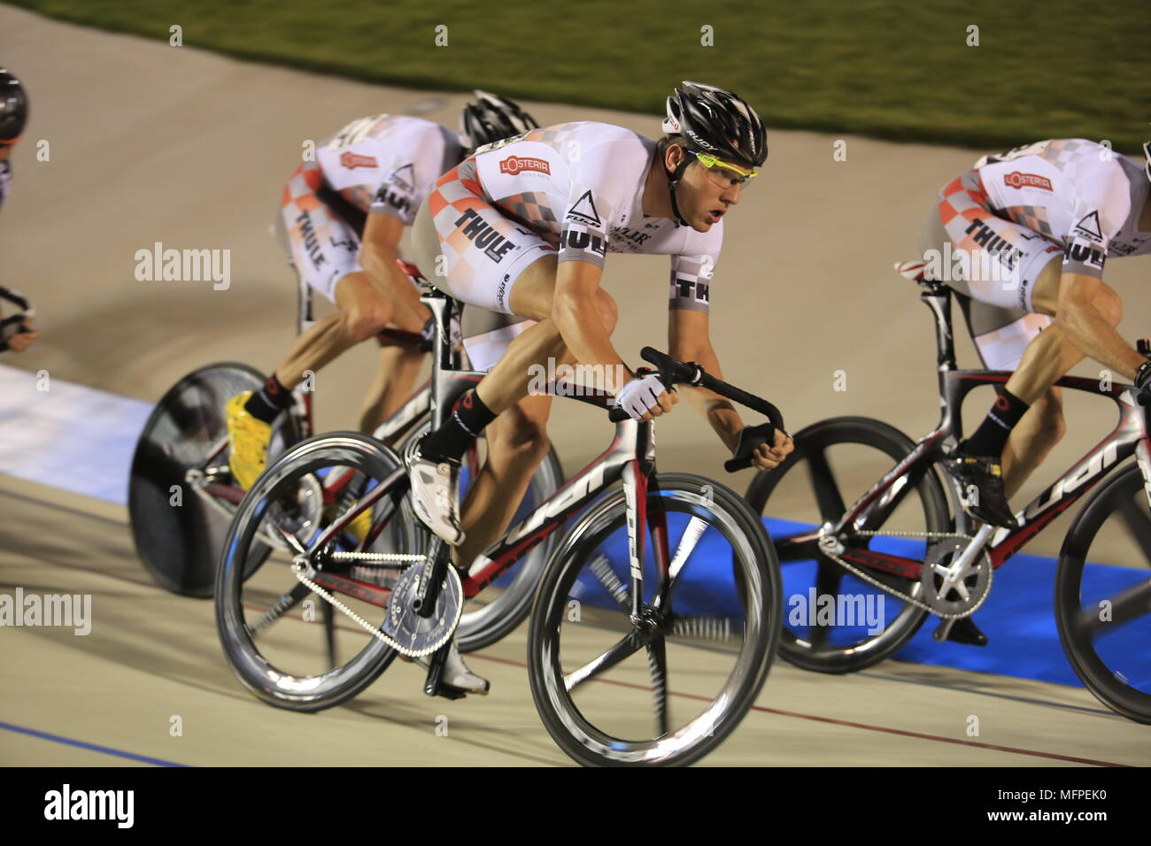 High-speed bicycle racing action at the famous T-Town Cycling Center in Pennsylvania. Stock Photo