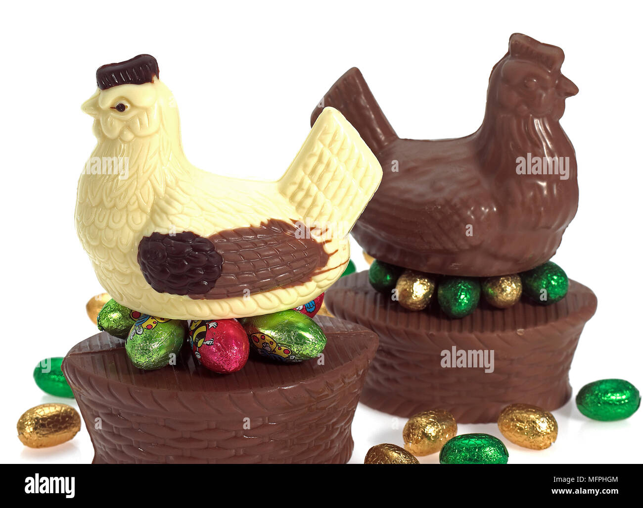 Chocolate Easter Hen and Eggs against White Background Stock Photo Alamy