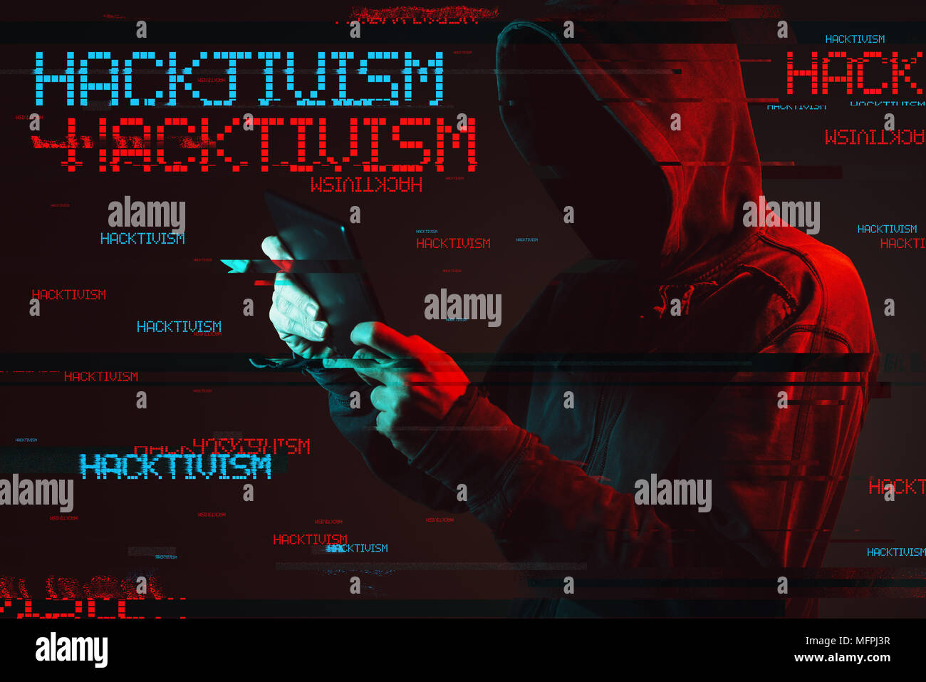 Hacktivism concept with faceless hooded male person using tablet computer, low key red and blue lit image and digital glitch effect Stock Photo