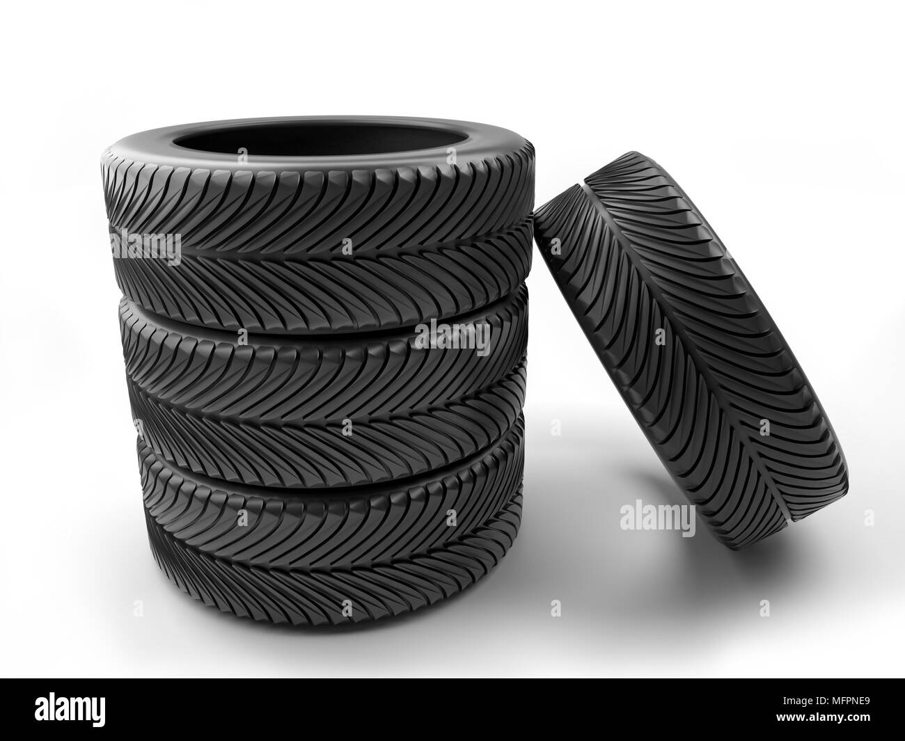 Set of four car tires shot on white Stock Photo