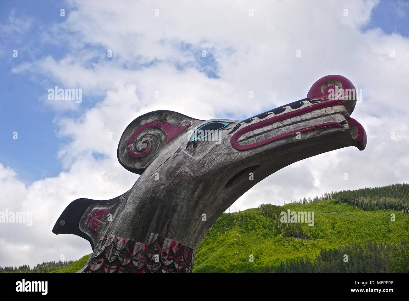 Ketchikan, Alaska, USA A totem on the grounds of Potlatch Totem Park