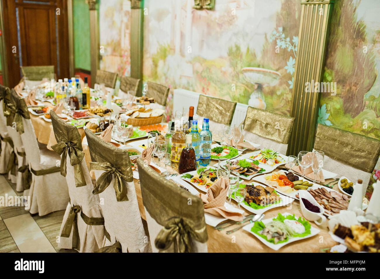 Table Of Wedding Reception With Delicious Food Stock Photo