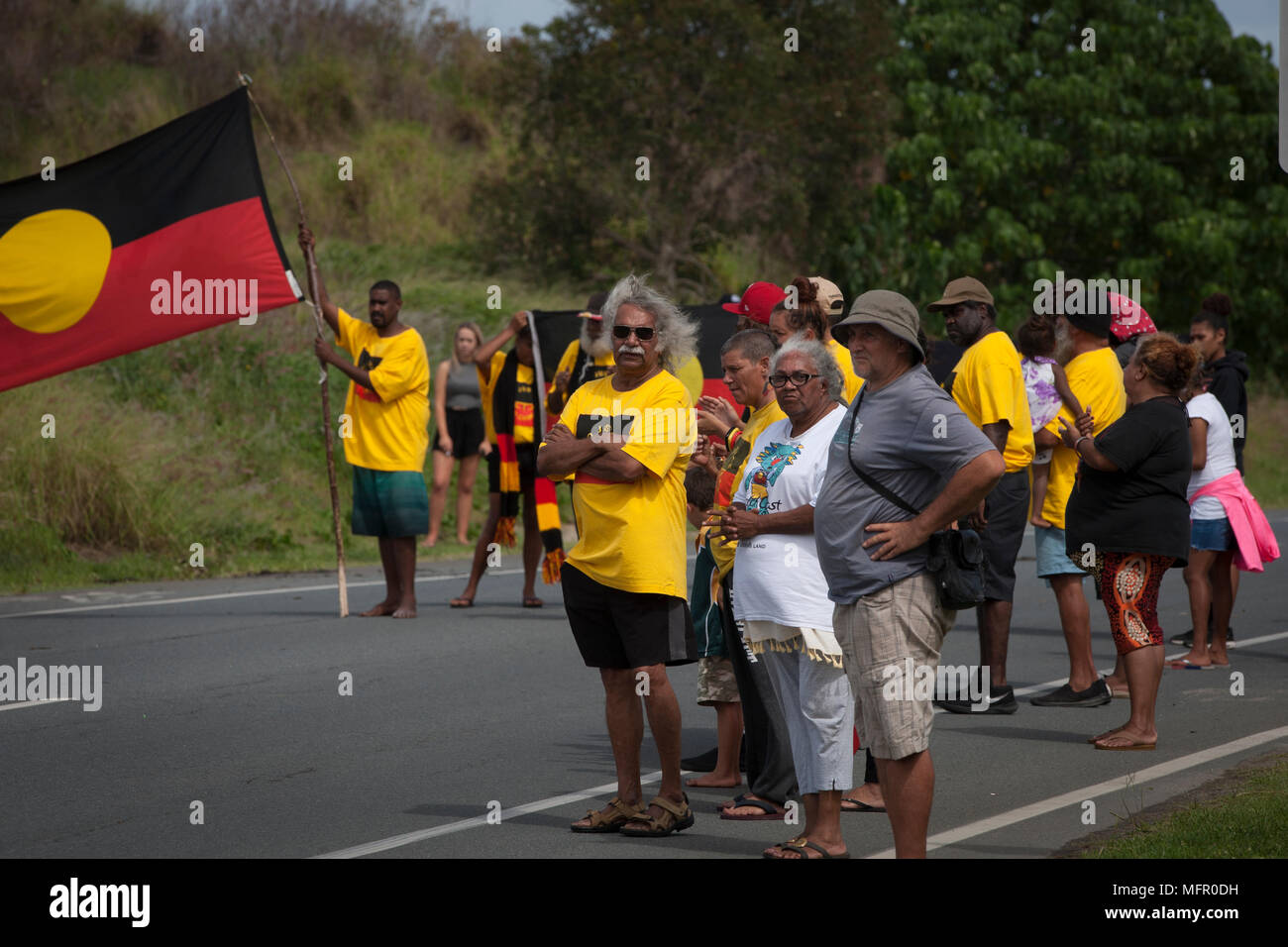 Aboriginal activists blocking a road in Gold Coast, Queensland, as they protest against the staging of the 2018 Commonwealth Games on the day of Games opening ceremony in the city. Stock Photo