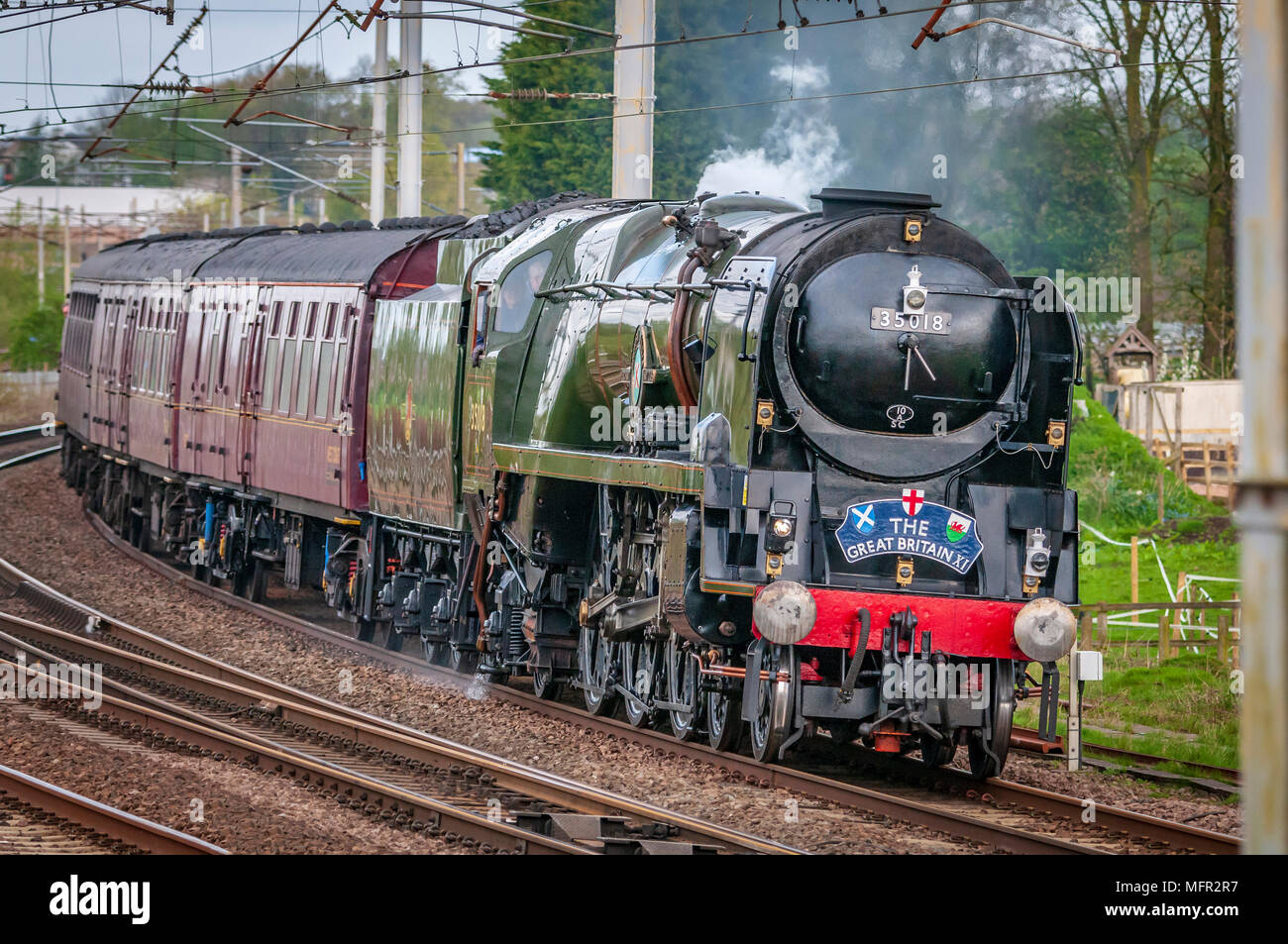 Winwick. United Kingdom.  25th. April. 2018. The Great Britain steam hauled railtour on day 7 of its round Britain trip. Starting fom Grange over Sand Stock Photo