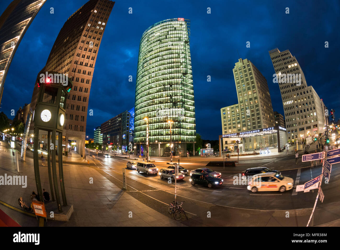 Berlin. Germany. Potsdamer Platz, fisheye night view of skyscrapers.  L-R; Potsdamer Platz No. I (Kollhoff-Tower, Hans Kollhoff), DB Tower (Deutsche B Stock Photo