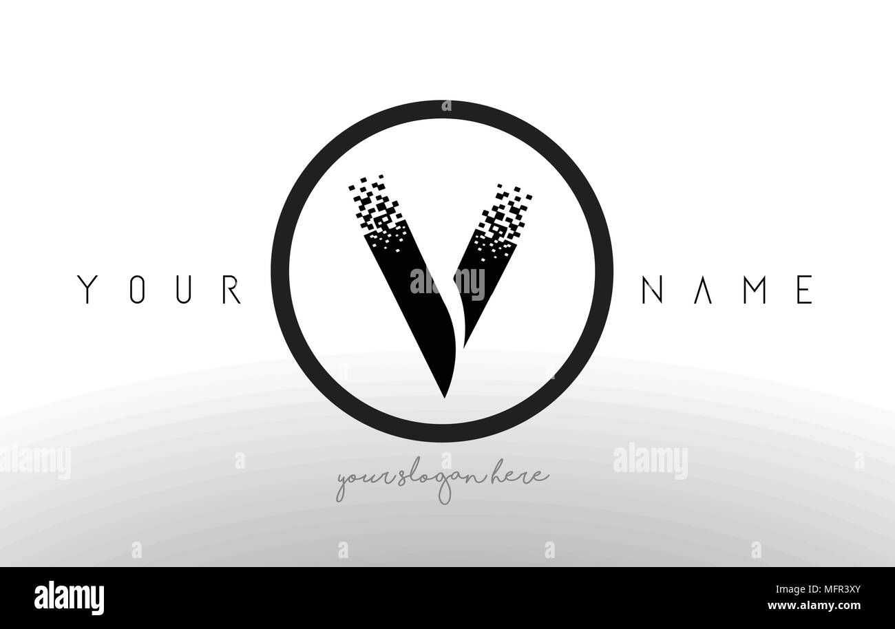 V Logo Letter with Digital Pixel Tech Design Vector and Black Circle ...