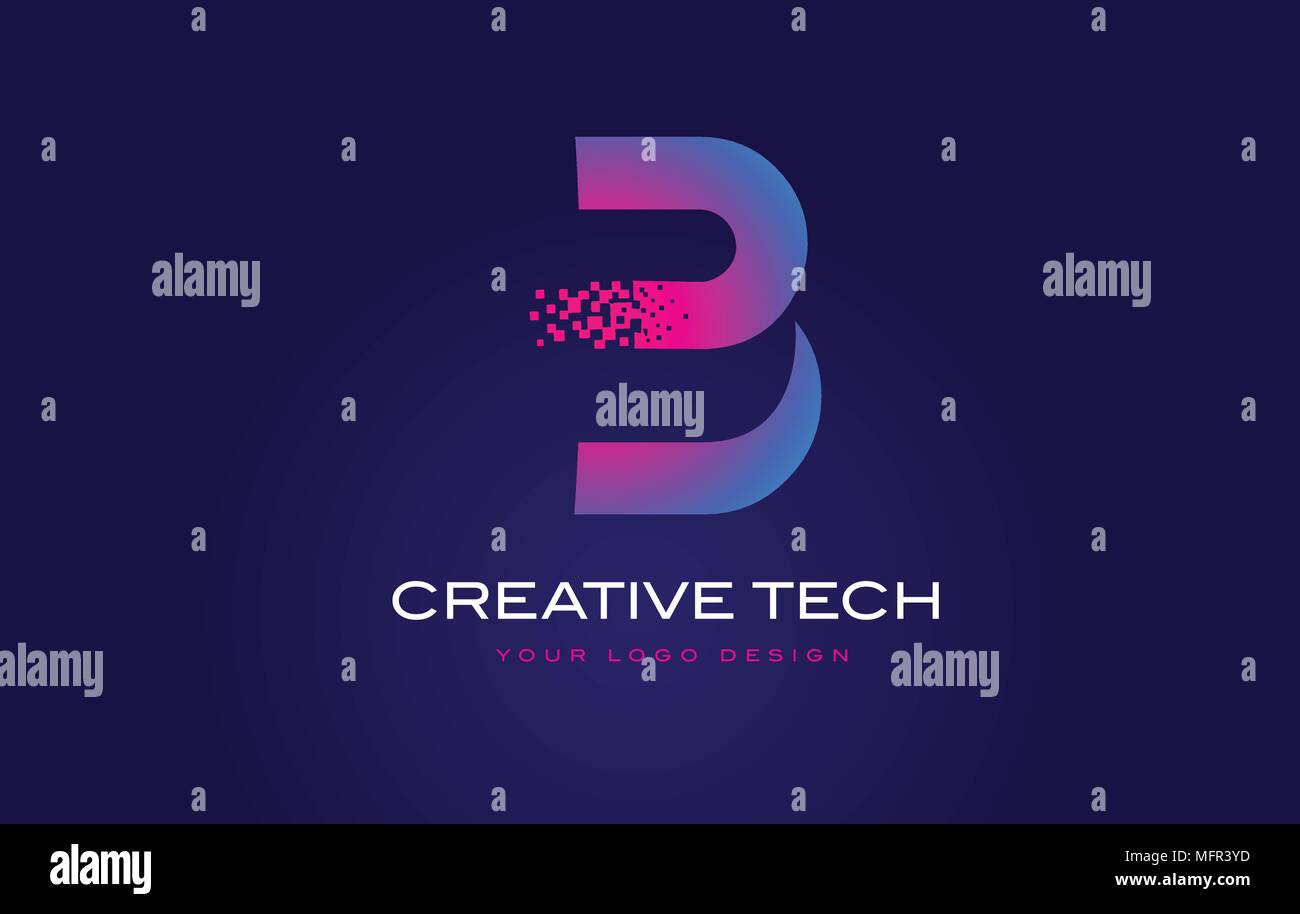 B Initial Letter Logo Design with Digital Pixels in Blue and Purple ...