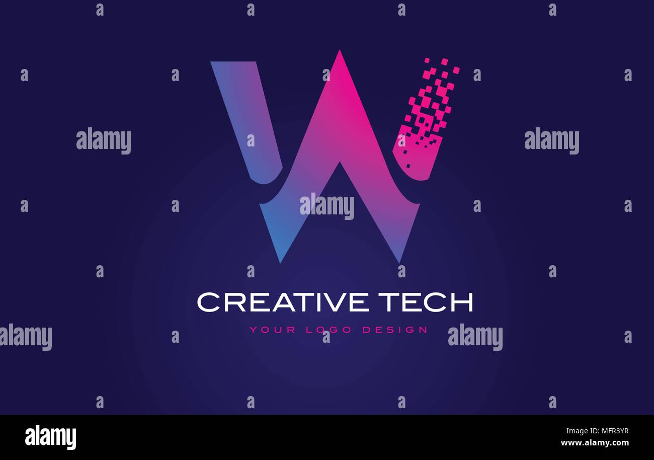 W Initial Letter Logo Design with Digital Pixels in Blue and Purple ...
