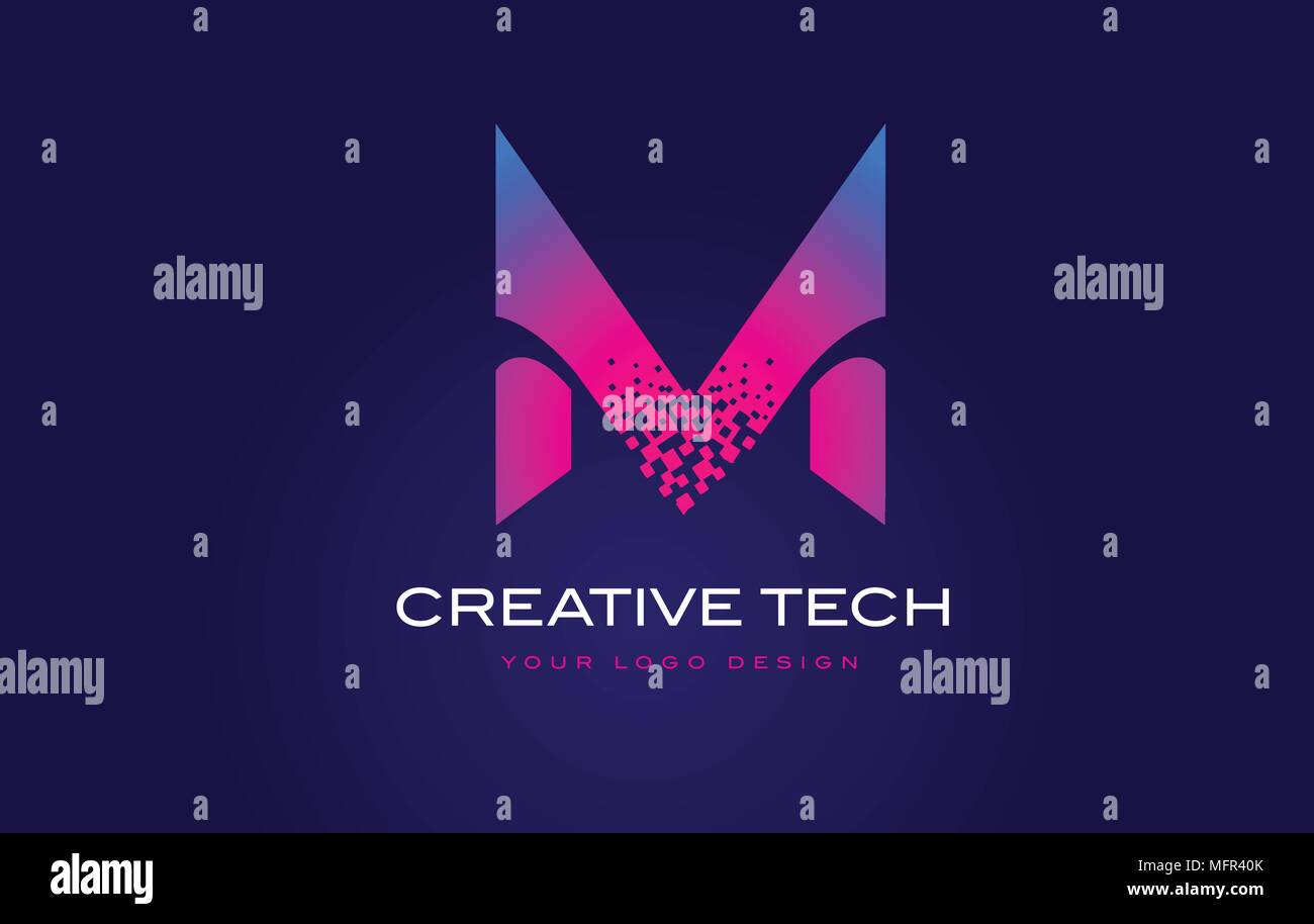 M Initial Letter Logo Design with Digital Pixels in Blue and Purple ...