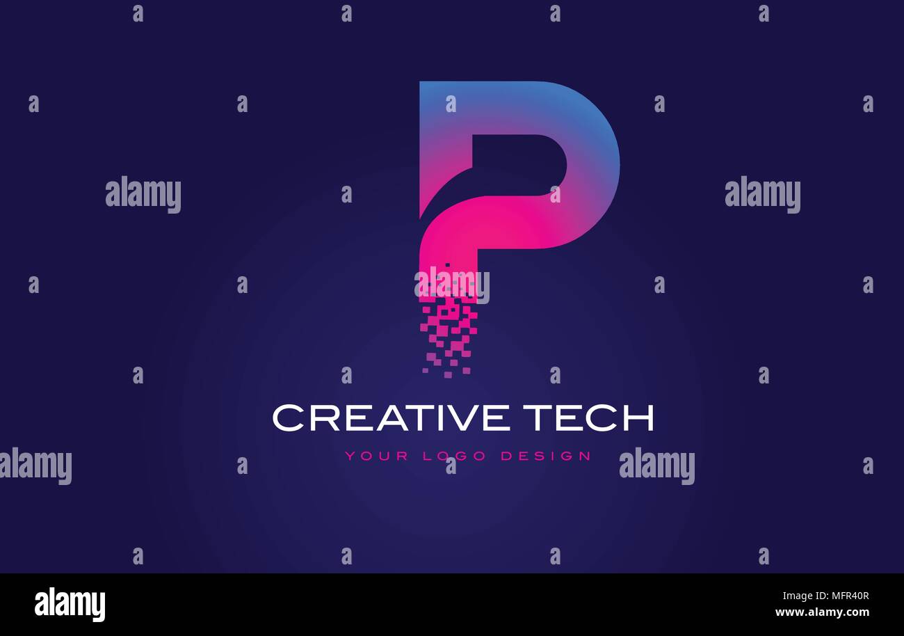 P Initial Letter Logo Design with Digital Pixels in Blue and Purple ...