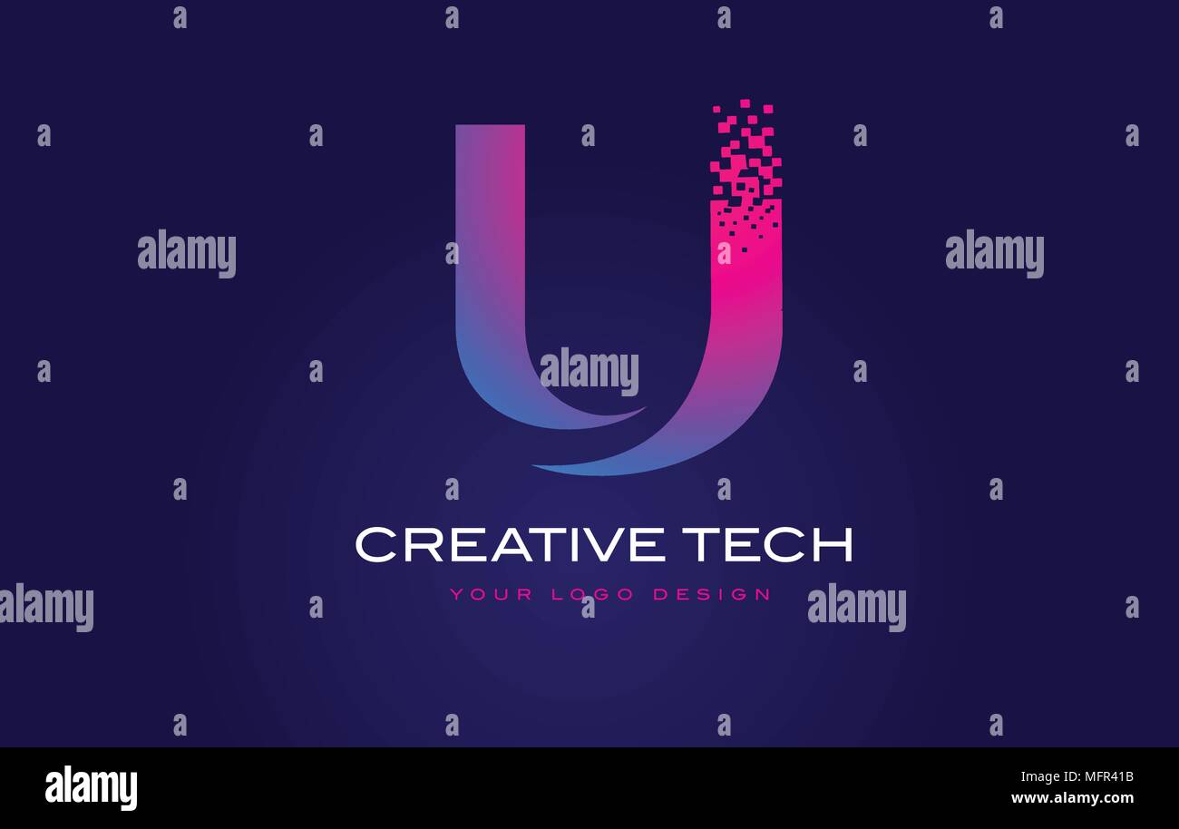 U Initial Letter Logo Design with Digital Pixels in Blue and Purple ...