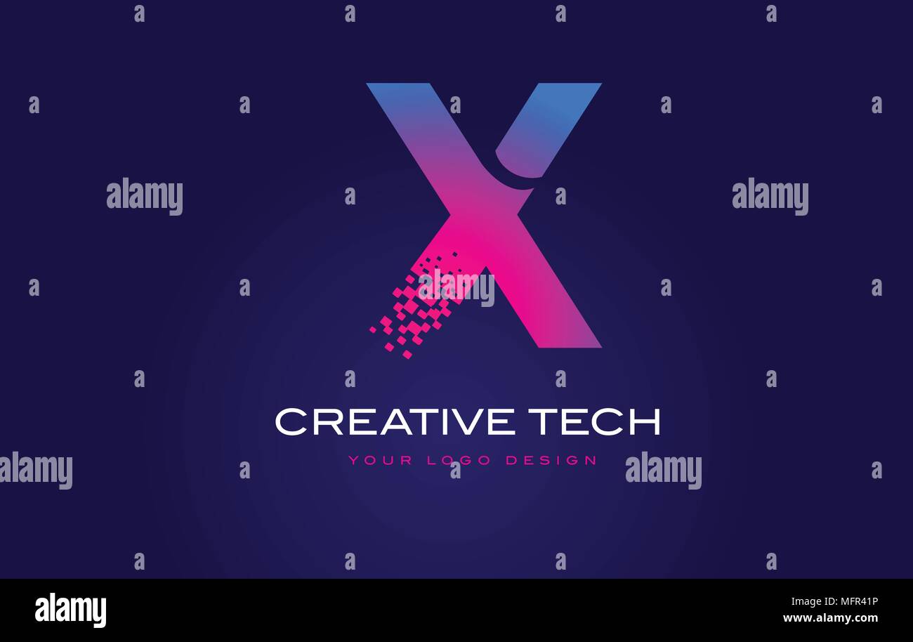 X Initial Letter Logo Design with Digital Pixels in Blue and Purple ...