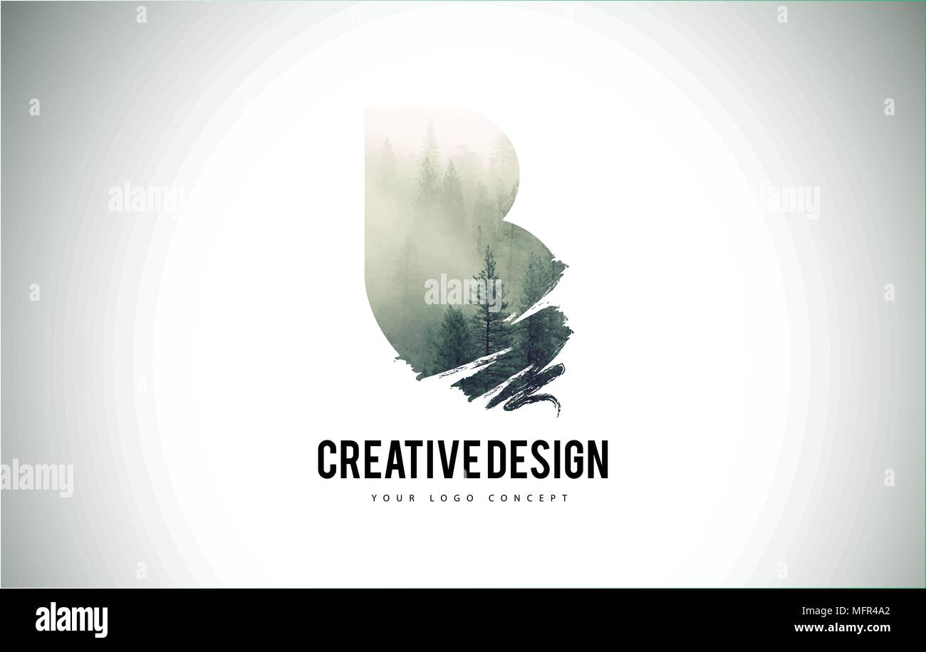 B Letter Brush with Forest Fog Texture. Forest Trees Letter Logo Design ...