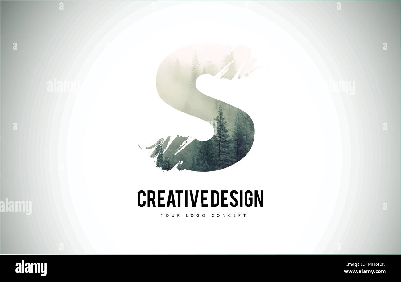 S Letter Brush with Forest Fog Texture. Forest Trees Letter Logo Design ...