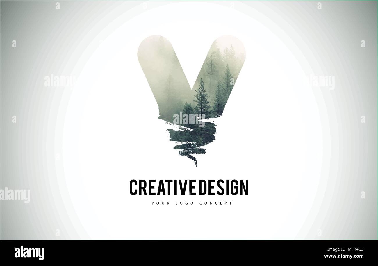 V Letter Brush with Forest Fog Texture. Forest Trees Letter Logo Design ...
