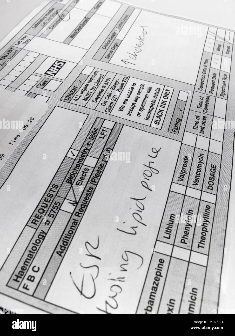 Blood test information on a Haematology & Biochemistry request form
