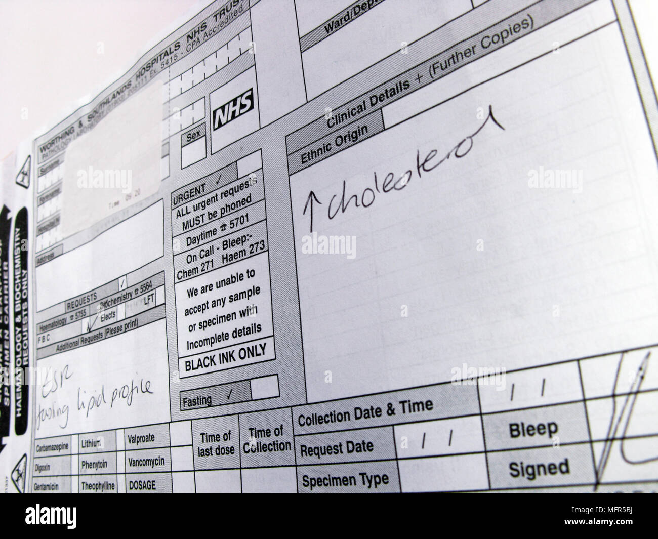 Blood test information on a Haematology & Biochemistry request form