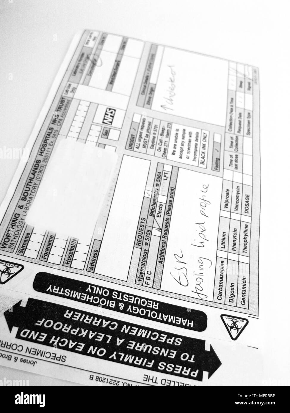 Blood test information on a Haematology & Biochemistry request form