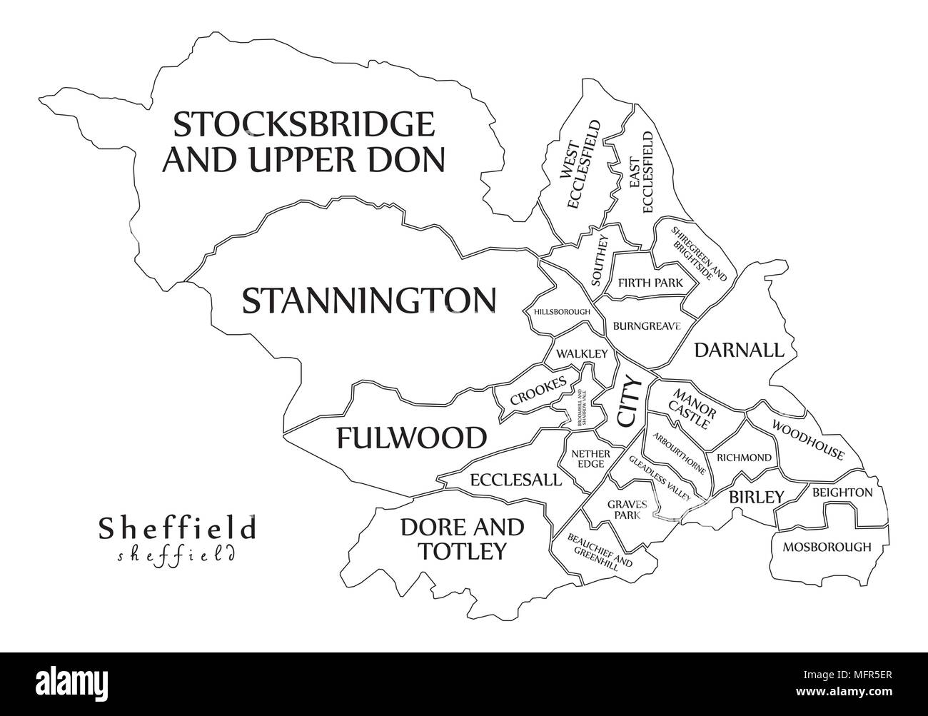 Modern City Map - Sheffield city of England with wards and titles UK outline map Stock Vector