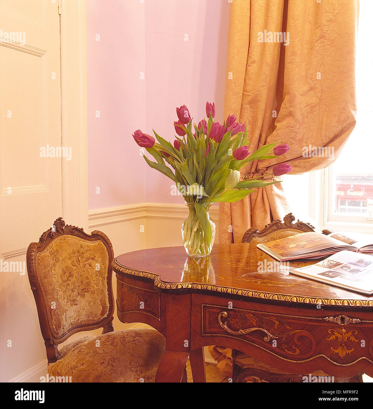 Bedroom Detail Lilac Cream Walls Gold Curtains French Table