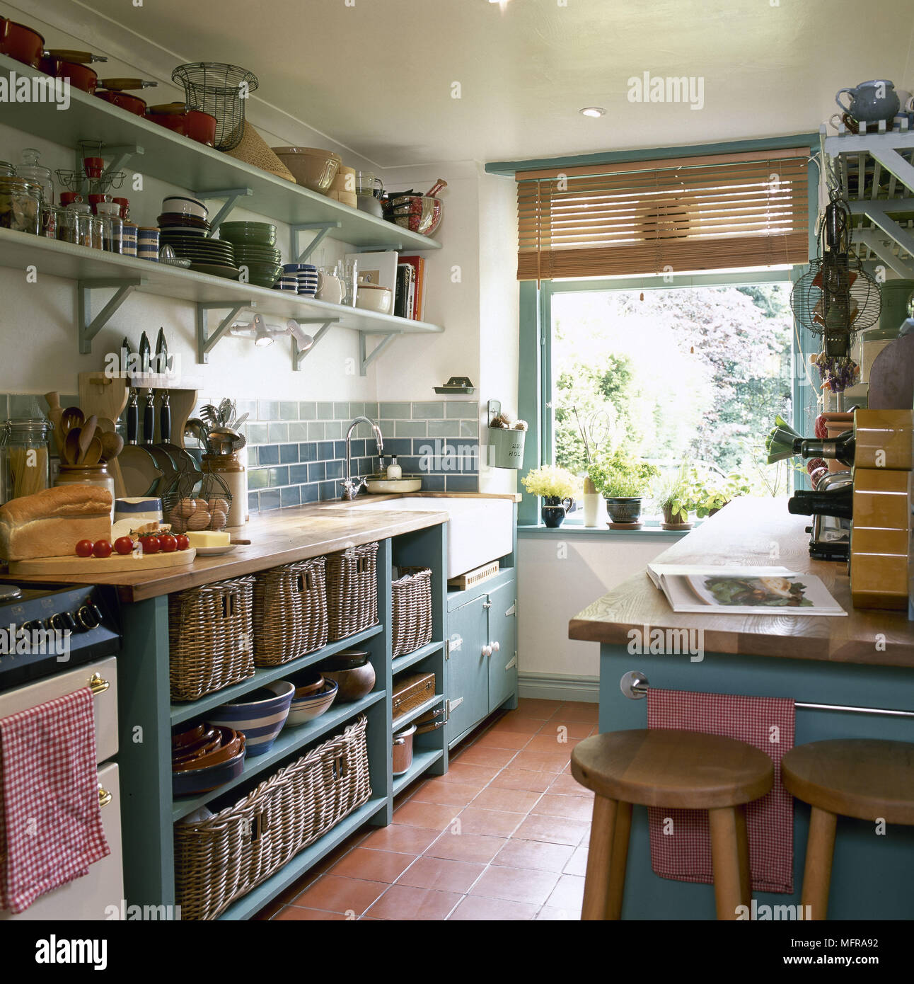 Traditional Country Kitchen Green Units Red Quarry Tiled Floor Breakfast Bar Open Shelving Belfast Sink MFRA92 