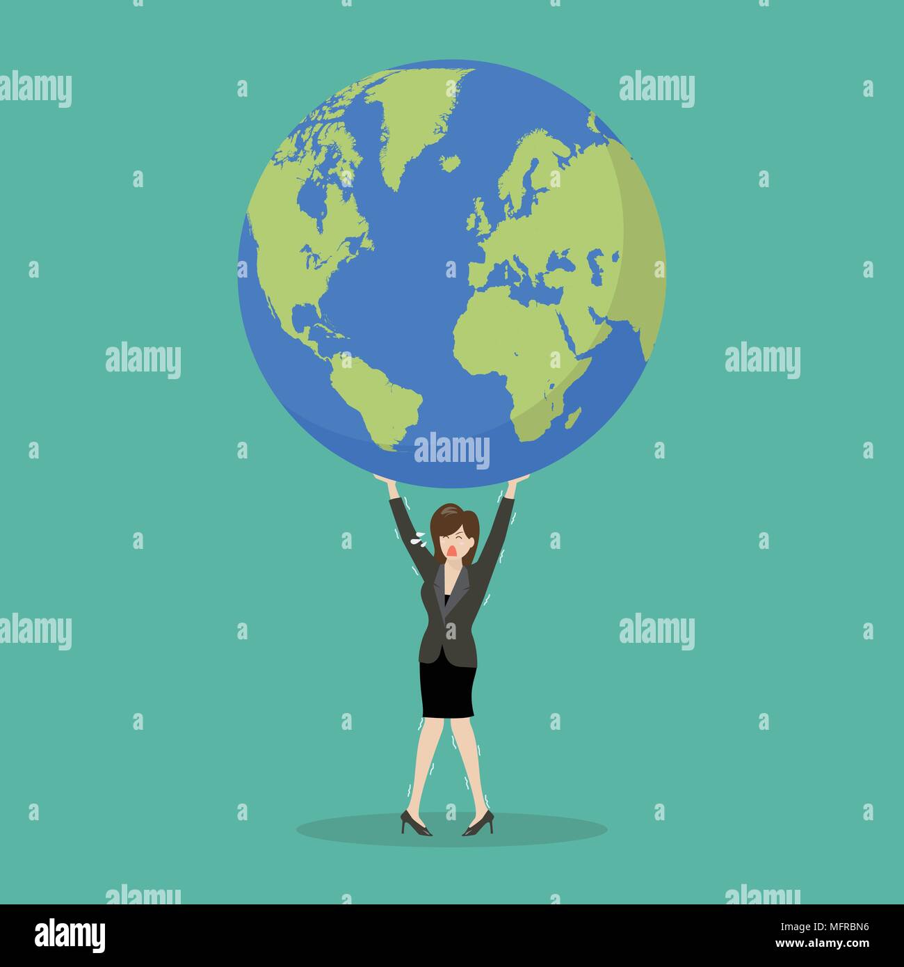 Business woman struggling to carry globe. Vector illustration Stock Vector