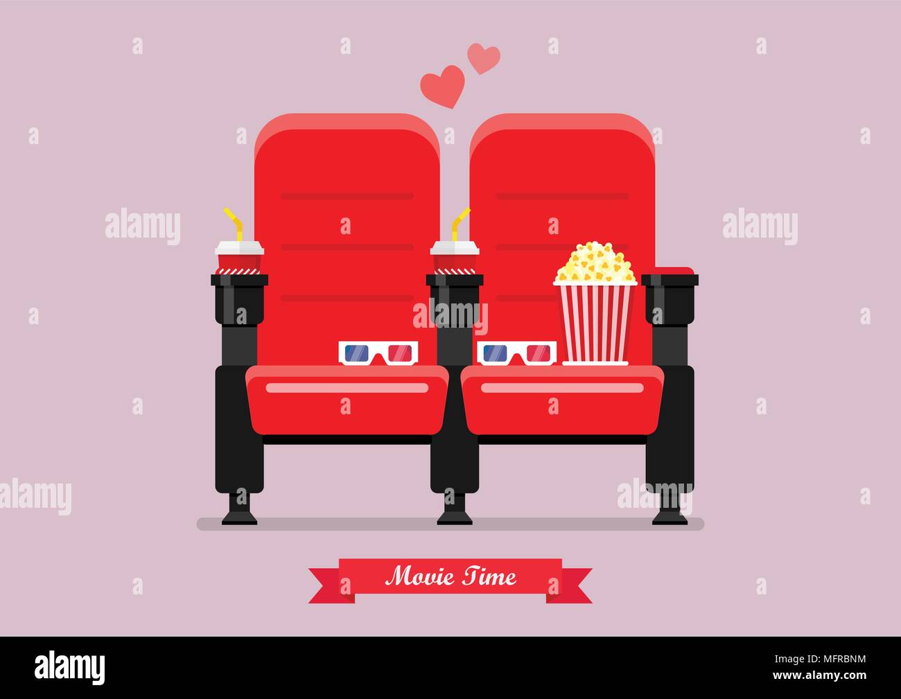 Two cinema seats with popcorn drinks and glasses. Vector illustration Stock Vector
