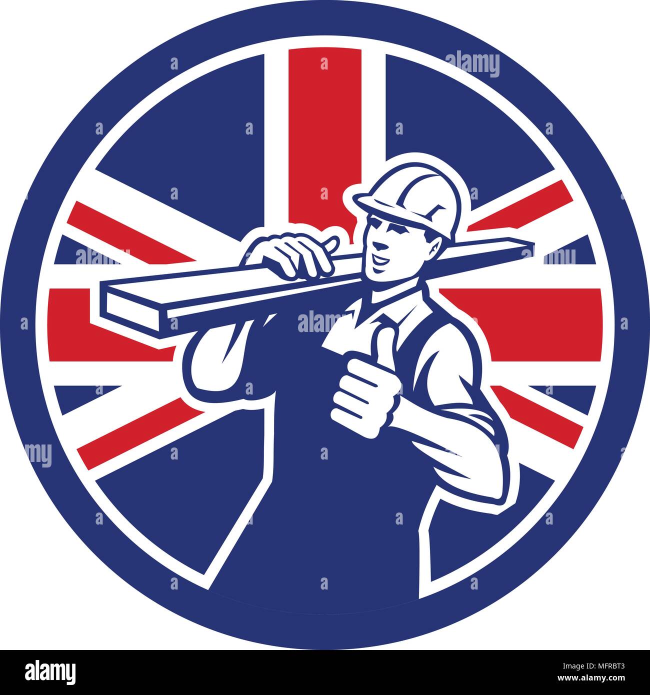 Icon retro style illustration of a British lumberyard worker carrying timber on shoulder with thumbs up with United Kingdom UK, Great Britain Union Ja Stock Vector