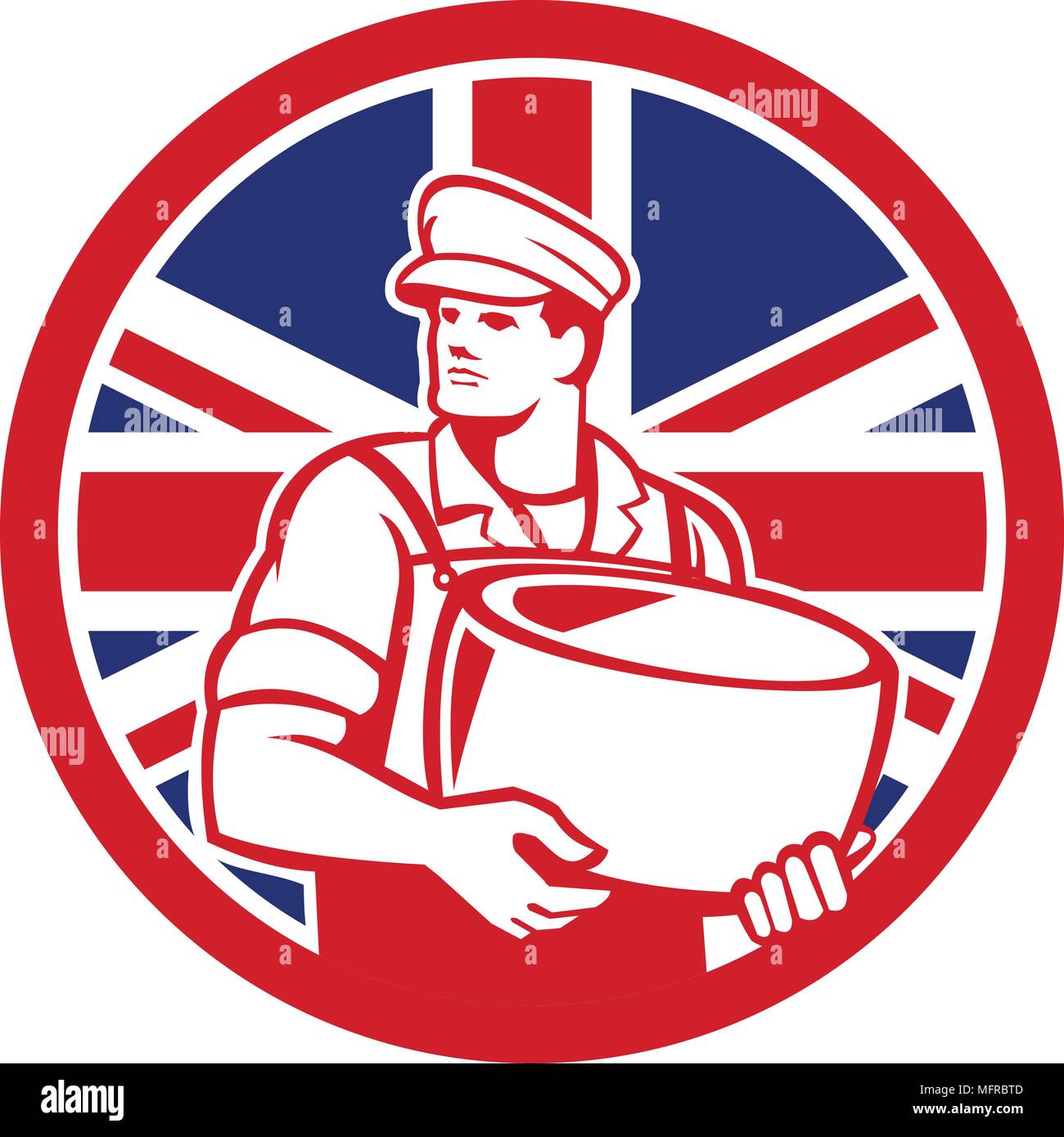 Icon retro style illustration of a British artisan cheesemaker or cheese maker holding Parmesan cheese with United Kingdom UK, Great Britain Union Jac Stock Vector