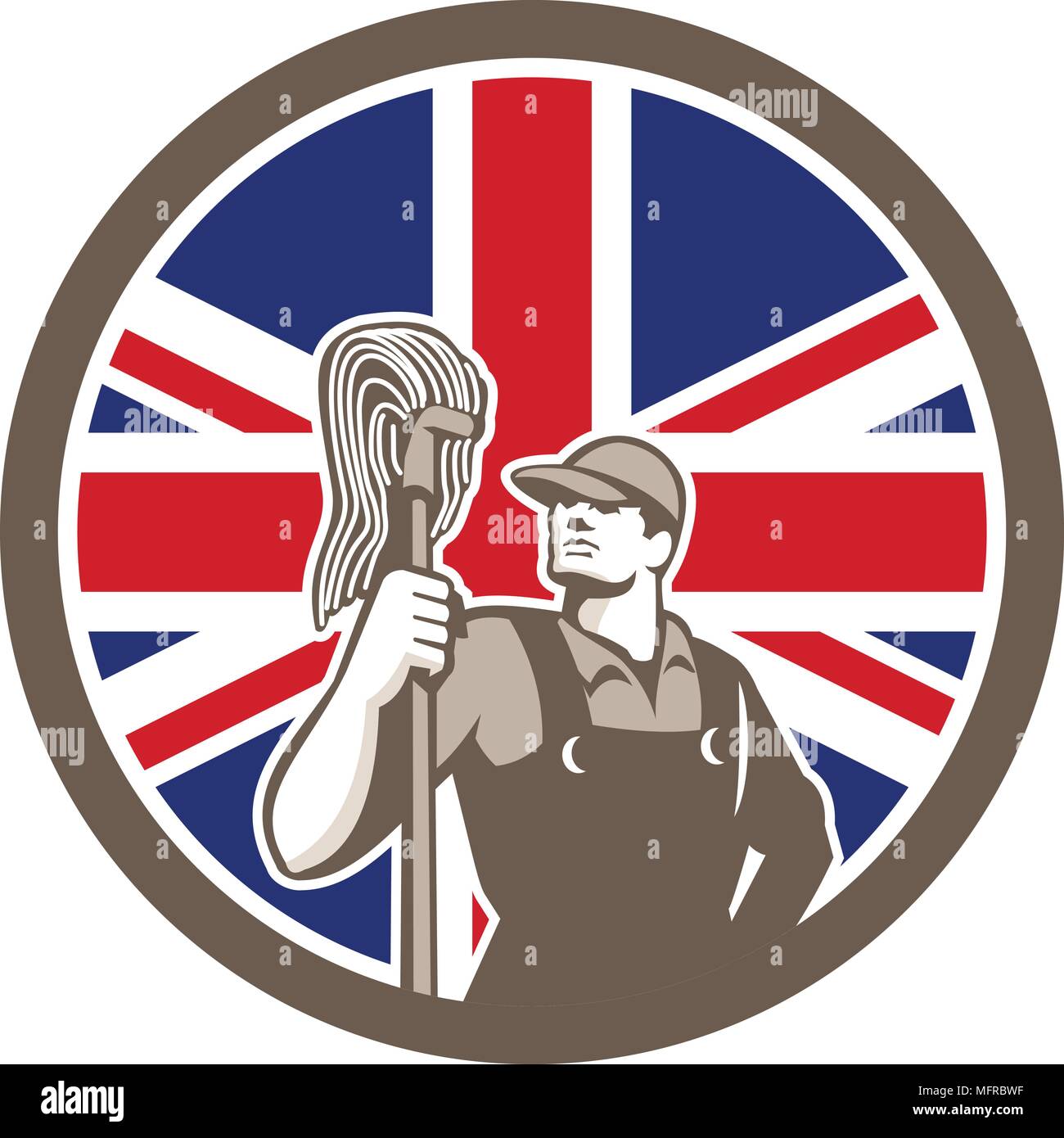 Icon retro style illustration of a British professional industrial cleaner or cleaning services worker holding mop with United Kingdom UK, Great Brita Stock Vector