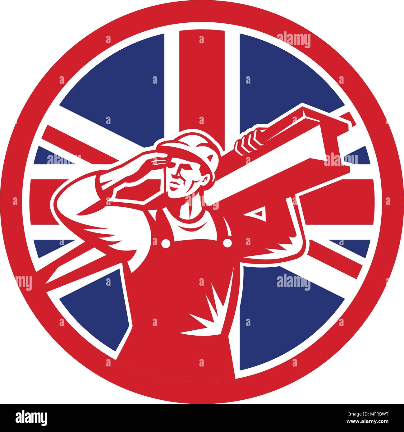 Icon retro style illustration of a British construction worker carrying an I-beam on shoulder while saluting  with United Kingdom UK, Great Britain Un Stock Vector