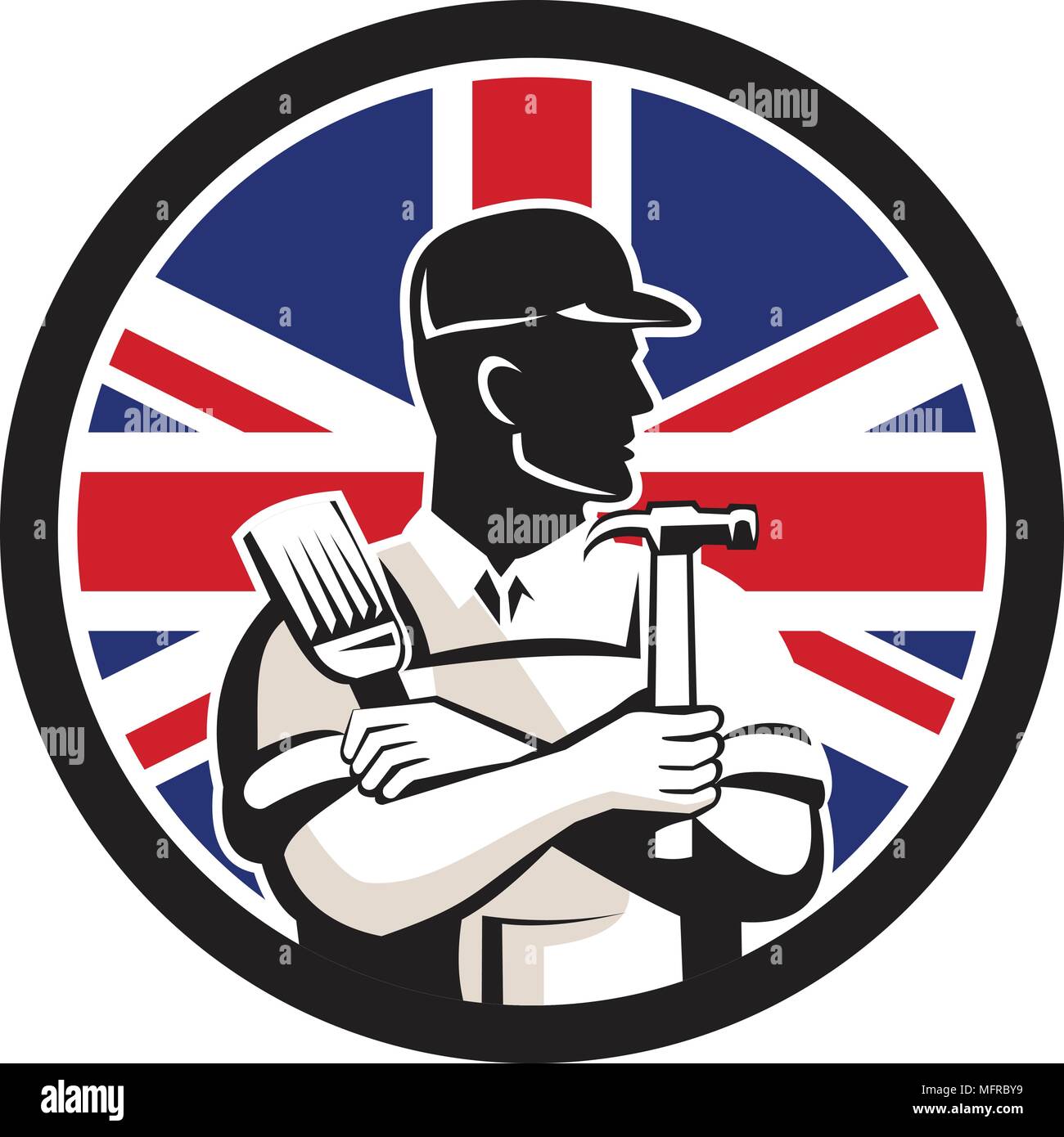 Icon retro style illustration of a British  DIY Expert, handyman, carpenter, DIYer or renovator with tools with United Kingdom UK, Great Britain Union Stock Vector