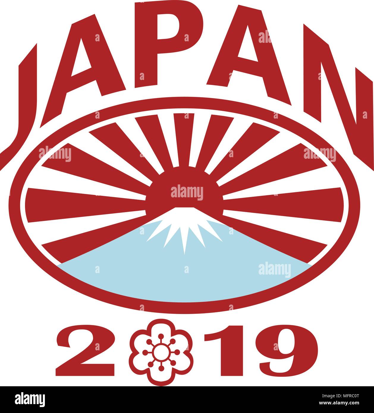 Retro style illustration of a rugby ball with Japanese rising sun and Mount Fuji mountain inside oval with words Japan 2019 and sakura or cherry bloss Stock Vector