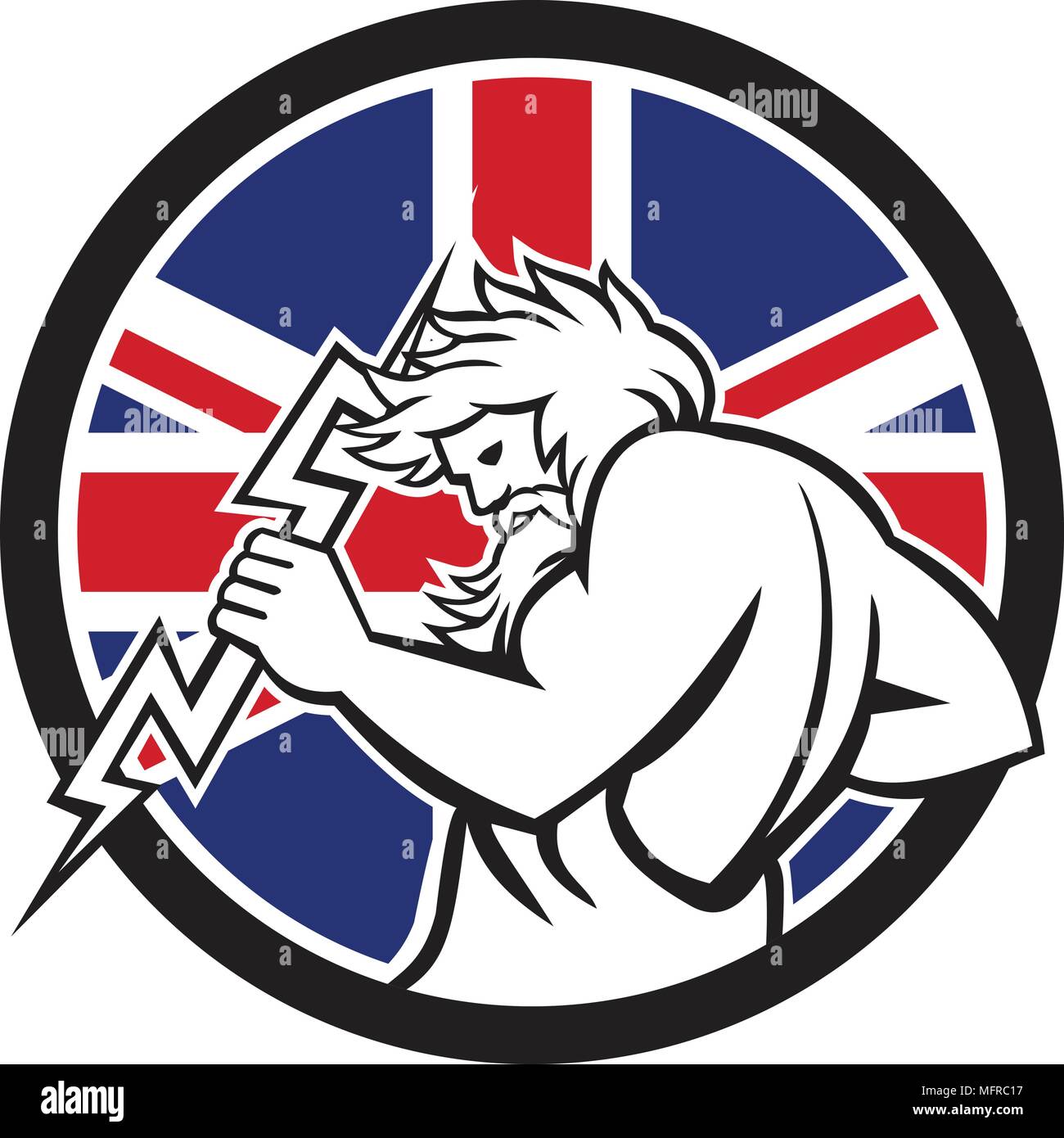 Icon retro style illustration of Greek god Zeus, god of sky and thunder holding thunderbolt  with United Kingdom UK, Great Britain Union Jack flag set Stock Vector