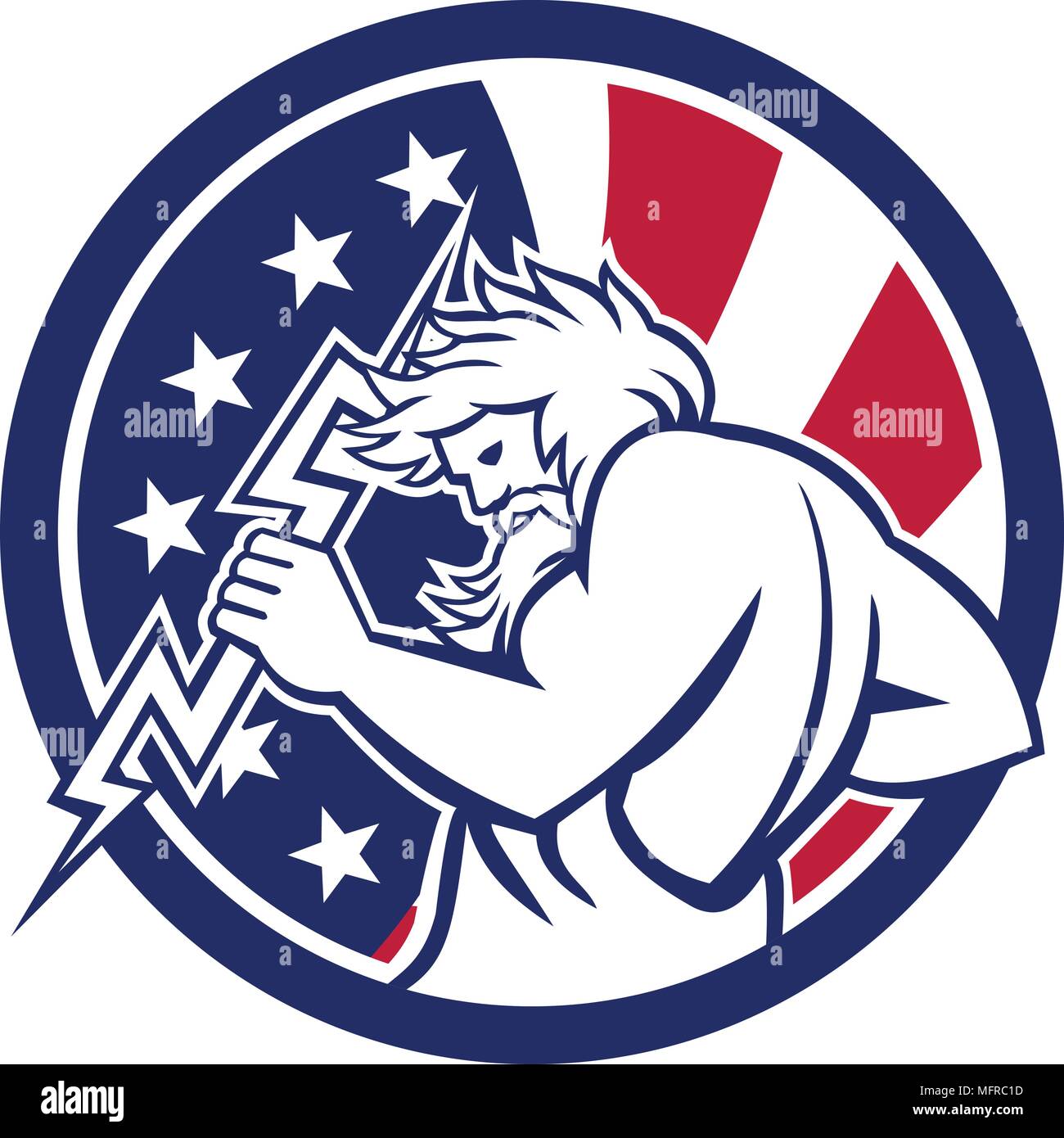 Icon retro style illustration of Greek god Zeus, god of sky and thunder holding thunderbolt with United States of America USA star spangled banner sta Stock Vector