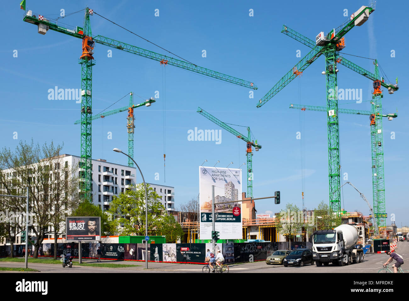 New luxury high-rise  apartment building (Upside) under construction beside East Side Gallery in Friedrichshain, Berlin, Germany. Property development Stock Photo
