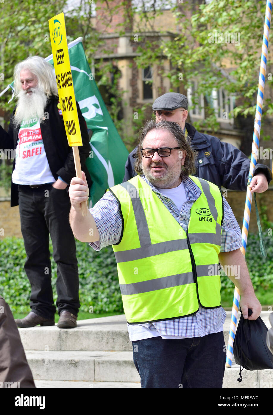 Paul Cox, RMT union South East Regional Organiser, at a protest in Westminster on the second anniversary of Britain's longest-running dispute - agains Stock Photo