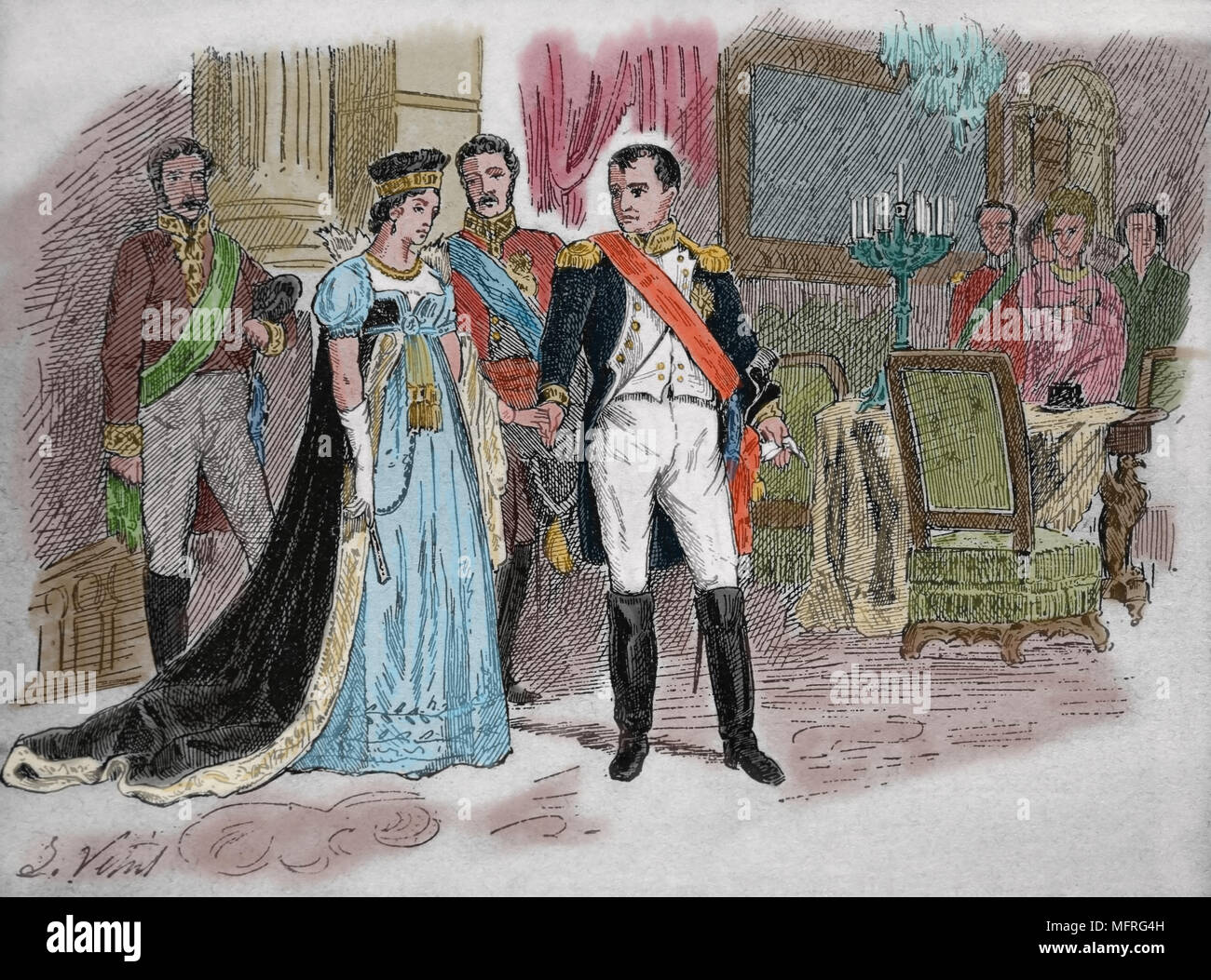 Meeting between Napoleon Bonaparte and Queen Louisa of Prussia, Tilsit. 6 July 1807. Engraving, 19th century. Stock Photo