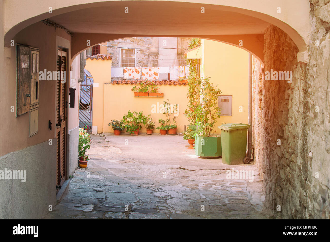 European gateways with cozy landscaping plants in pots on a Sunny day Stock Photo