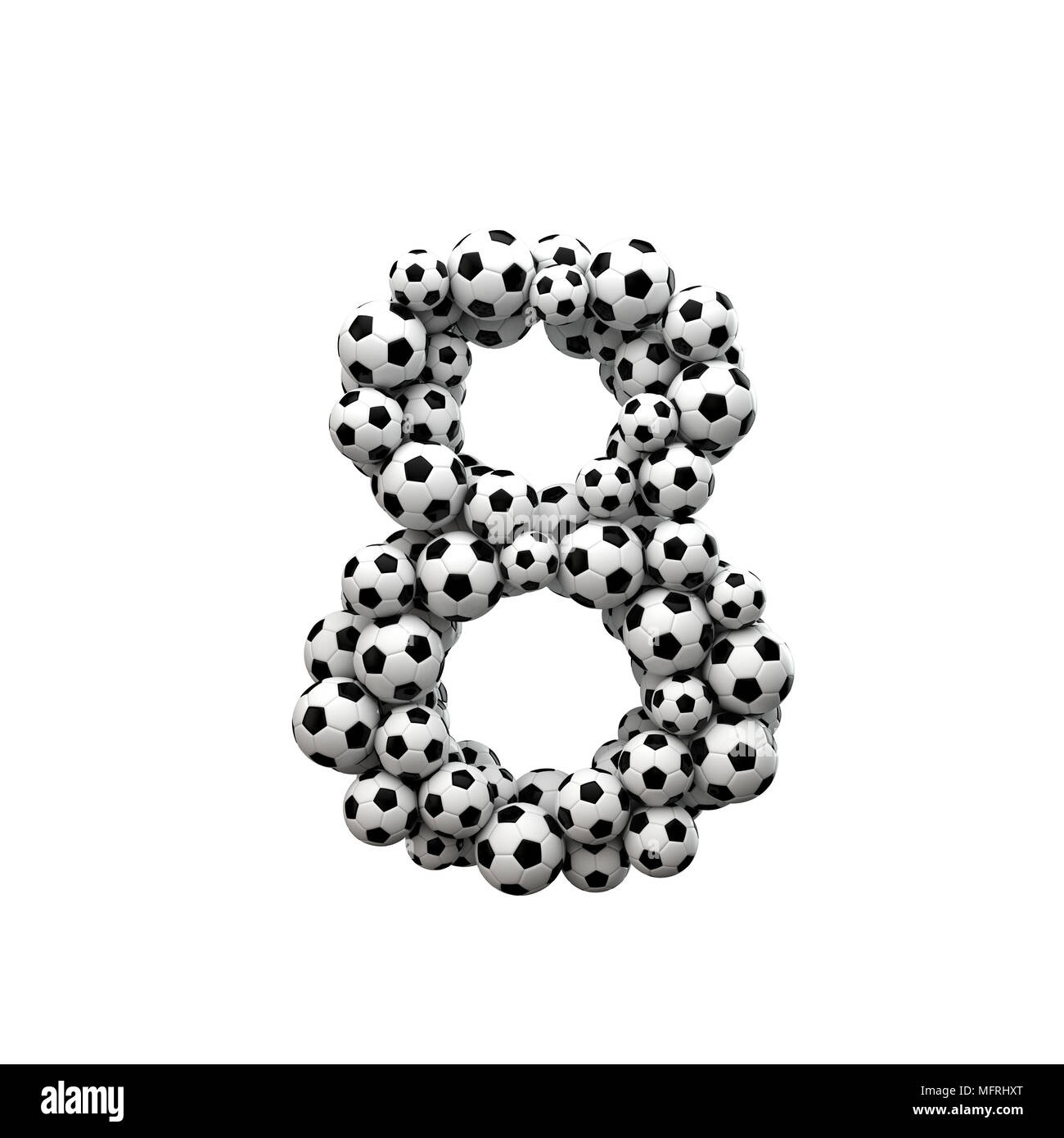Number 8 font made from a collection of soccer balls. 3D Rendering