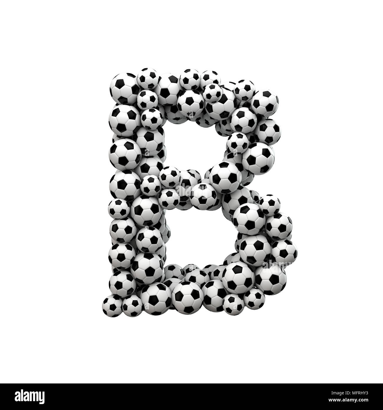 Capital letter B font made from a collection of soccer balls. 3D Rendering Stock Photo