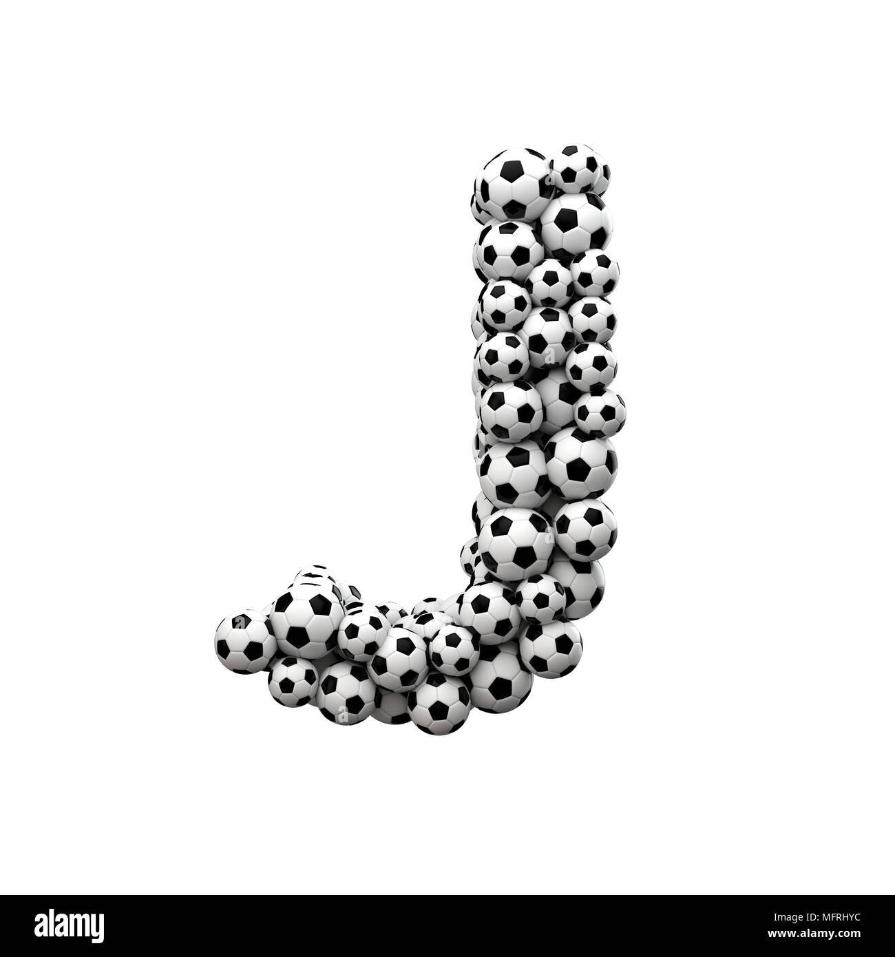 Capital letter J font made from a collection of soccer balls. 3D Rendering Stock Photo