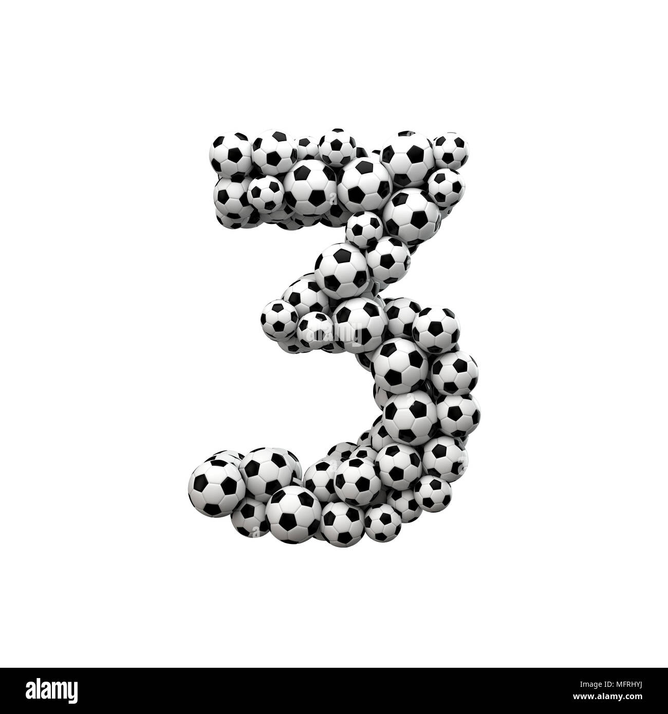 Number 3 font made from a collection of soccer balls. 3D Rendering Stock Photo