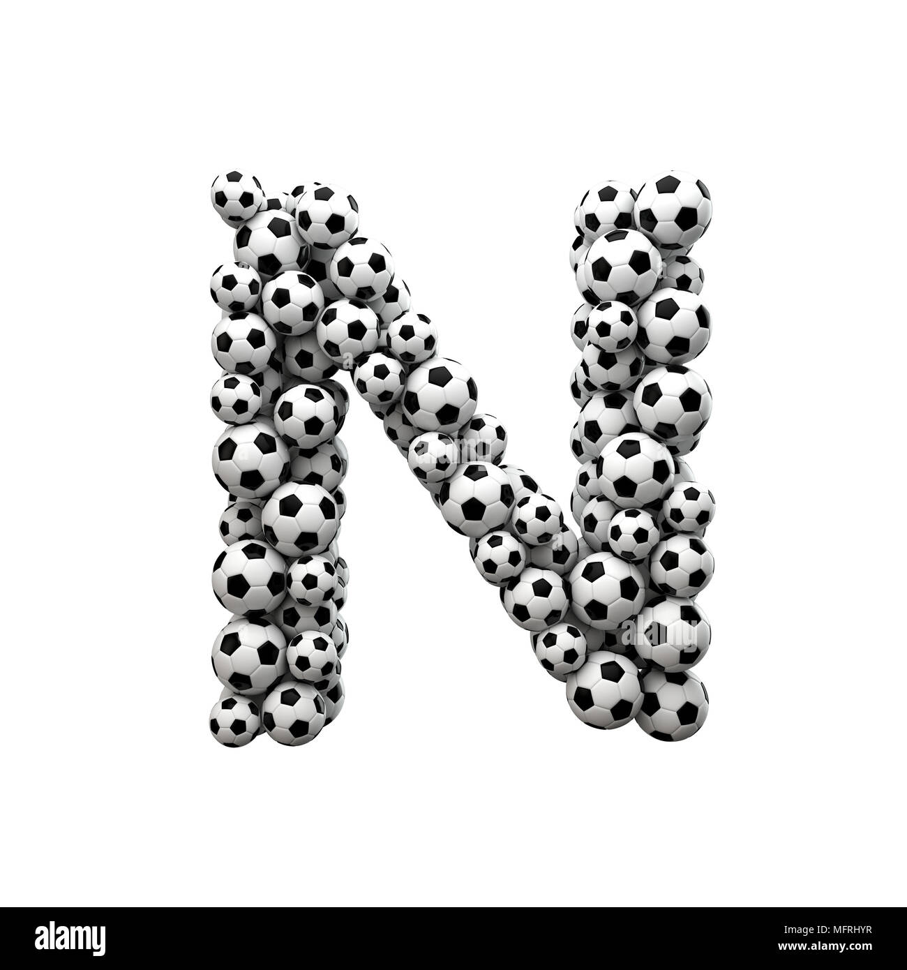 Capital letter N font made from a collection of soccer balls. 3D Rendering Stock Photo